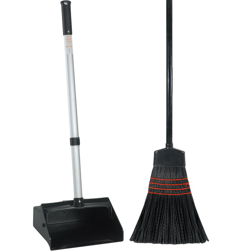 12" Wide Mouth, Lobby Dust Pan, 30" handle, with Broom